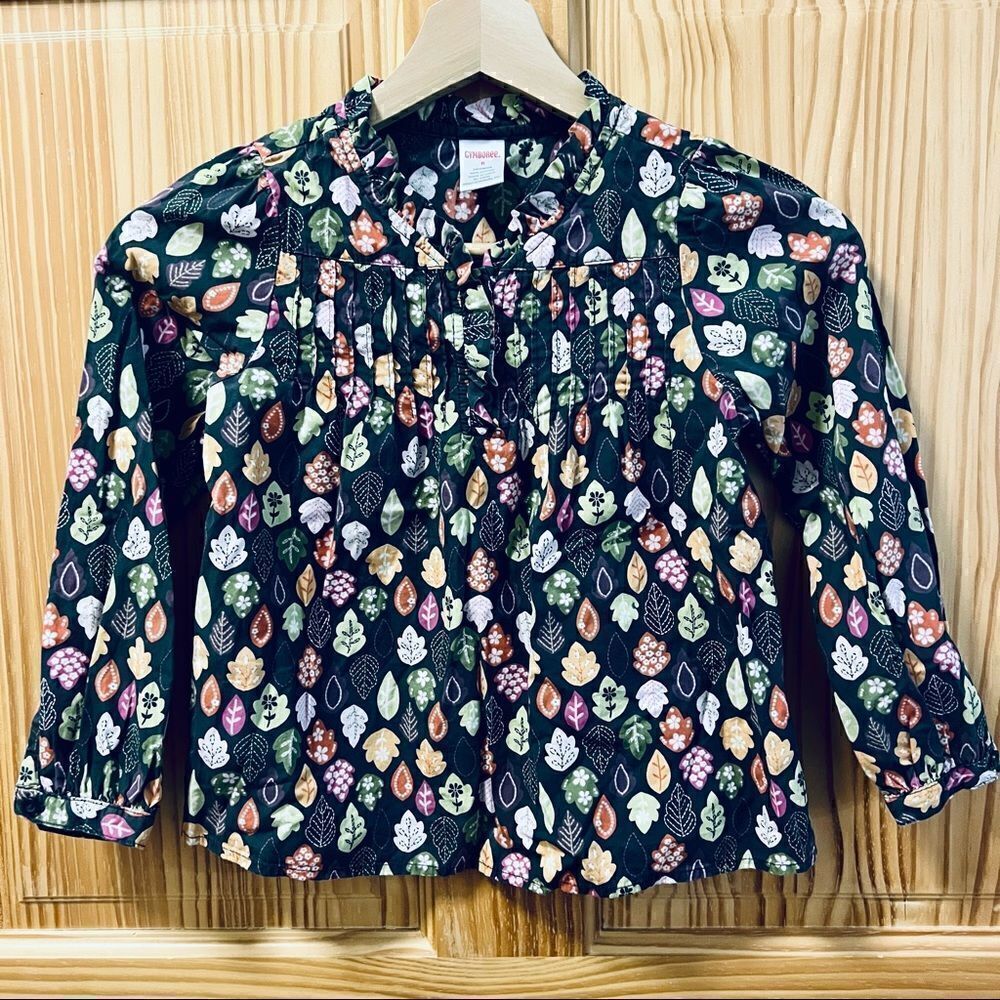 Gymboree dark grey multi colored fall leaf print ruffle front long sleeve top 6
